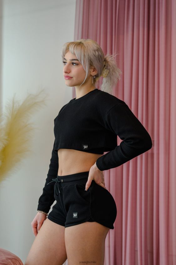 ropa YoungLA Chile - w413 manga larga recortada melocotón negro ropa mujer YoungLA N8PZ1070